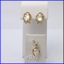 New 14k Gold Baroque Pearl Omega Back Earrings and Pendant Set 6.2gr