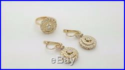 New 14k Yellow Gold Round Diamond Hanging Drop Earrings Ring Russian Jewelry Set