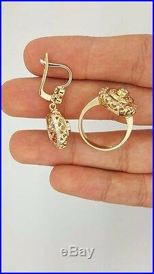 New 14k Yellow Gold Round Diamond Hanging Drop Earrings Ring Russian Jewelry Set