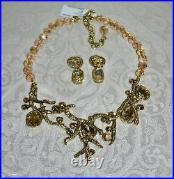 New $350 HEIDI DAUS Budding Branch Champagne Crystal Set Necklace Drop Earrings