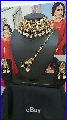 New Elegant chokar necklace tikka Earrings set White Gold Pearl Party Bridal-101