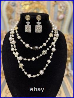 New Faux Pearl Camellia Flower Long Necklaces With Earrings