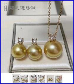 New Gorgeous AAAA 10-11mm south sea ROUND golden pearl pendant &earring set 925s