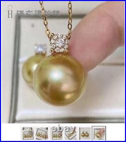 New Gorgeous AAAA 10-11mm south sea ROUND golden pearl pendant &earring set 925s