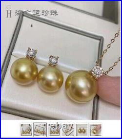 New Gorgeous AAAA 10-11mm south sea ROUND golden pearl pendant &earring set 925s