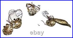 New Gorgeous Set 14K Yellow Gold Garnet Pearl Leaf Pin Earrings Ring Jewelry