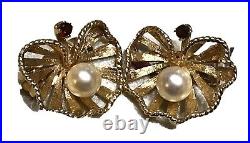 New Gorgeous Set 14K Yellow Gold Garnet Pearl Leaf Pin Earrings Ring Jewelry