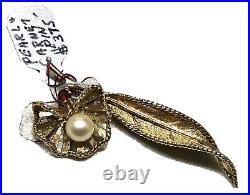 New Gorgeous Set 14K Yellow Gold Garnet Pearl Leaf Pin Earrings Ring Jewelry