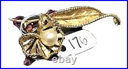 New Gorgeous Set 14K Yellow Gold Garnet Pearl Leaf Pin Earrings Ring Jewelry