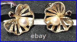 New Gorgeous Set 14K Yellow Gold Garnet Pearl Leaf Pin Earrings Ring Jewelry