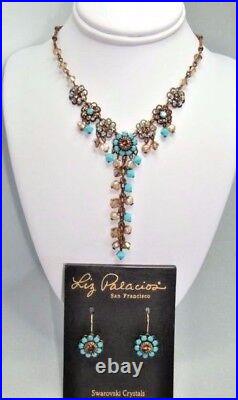New Liz Palacios Champagne Pearls & Turquoise color Crystal Necklace & Earrings