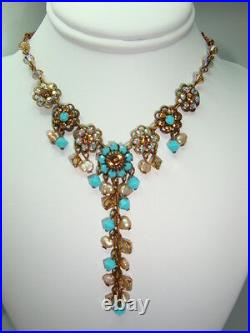 New Liz Palacios Champagne Pearls & Turquoise color Crystal Necklace & Earrings