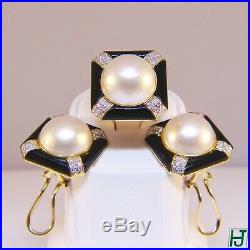 New Mabe Pearl & Black Onyx w Diamonds Ring & Earrings Set, 18k Yellow Gold