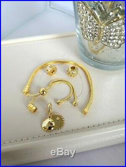New Pandora 18k S925 Ale Gold Snake Chain Sliding Bracelet+ Charm Set 568640c01