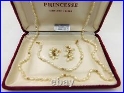 OCP 14K Yellow Gold Pearl Beaded Strand 22 Necklace Bracelet & Earrings Set