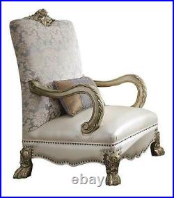 Old World Living Room Pearl Faux Leather & Gold Wood Trim Sofa Chair Set IRAF