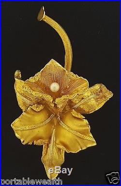 Orchid Pearl Brooch Pin Earrings Set 18K Yellow Gold