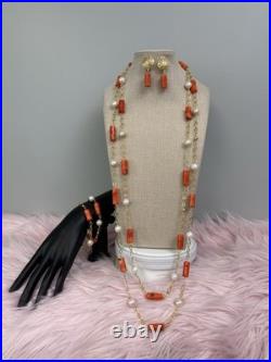 Original Coral Bead Set. Paired With Pearl & Gold Plated Accents