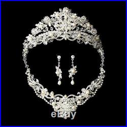 Ornate Silver or Gold Swarovski Freshwater Pearl Bridal Tiara Necklace Set