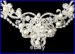 Ornate Silver or Gold Swarovski Freshwater Pearl Bridal Tiara Necklace Set
