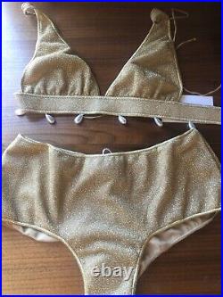 Oseree Lumiere Faux Pearl Embellished Glitter Bikini Set Top S Bottom M Swimwear