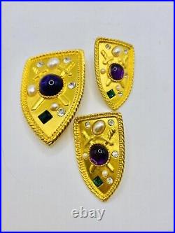 PARK LANE Heraldic Royal Shield Pin & Earrings With Purple Cabs and Faux Pearls