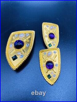 PARK LANE Heraldic Royal Shield Pin & Earrings With Purple Cabs and Faux Pearls