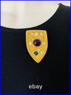 PARK LANE Heraldic Royal Shield Pin & Earrings With Purple Cabs and Faux Pearls