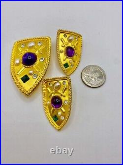 PARK LANE Heraldic Royal Shield Pin & Earrings With Purple Cabs and Faux Pearls