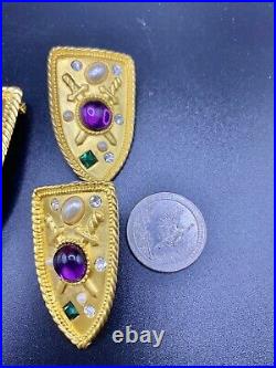 PARK LANE Heraldic Royal Shield Pin & Earrings With Purple Cabs and Faux Pearls