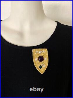 PARK LANE Heraldic Royal Shield Pin & Earrings With Purple Cabs and Faux Pearls