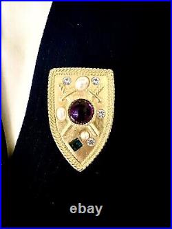 PARK LANE Heraldic Royal Shield Pin & Earrings With Purple Cabs and Faux Pearls