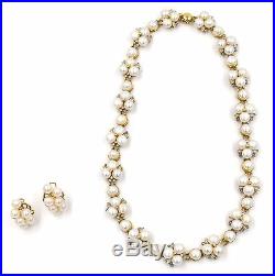 Pearl Diamond Flower Link Necklace & Earrings Set 14k Yellow Gold