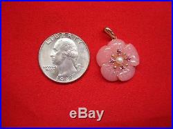 PRETTY CARVED PINK JADE FLOWER PENDANT WithAMETHYSTs AND PEARL IN 14K SETTING -NEW