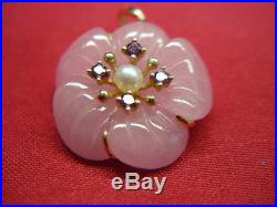 PRETTY CARVED PINK JADE FLOWER PENDANT WithAMETHYSTs AND PEARL IN 14K SETTING -NEW