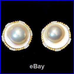 Pair Blister Pearl Mabe Earrings, set in Gold and Diamonds, Pierced Ears