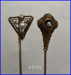 Pair Victorian Antique 14k Yellow Gold Pearl Pin Set 2.14g