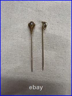 Pair Victorian Antique 14k Yellow Gold Pearl Pin Set 2.14g