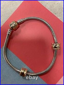 Pandora 7.5 Bracelet set 14k clasp with 2 14k Whisper Beveled clips style 750256