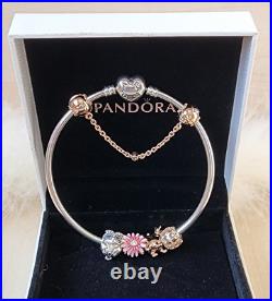 Pandora Heart Bracelet +bead charms Set -Pink Daisy-Owl-Rose Gold Safety chain