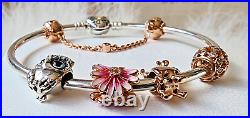 Pandora Heart Bracelet +bead charms Set -Pink Daisy-Owl-Rose Gold Safety chain