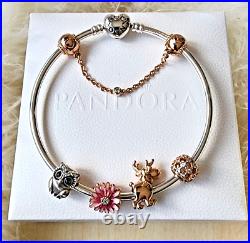 Pandora Heart Bracelet +bead charms Set -Pink Daisy-Owl-Rose Gold Safety chain