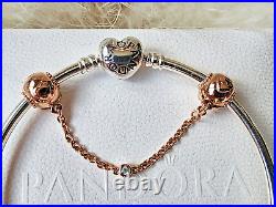 Pandora Heart Bracelet +bead charms Set -Pink Daisy-Owl-Rose Gold Safety chain