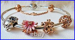 Pandora Heart Bracelet +bead charms Set -Pink Daisy-Owl-Rose Gold Safety chain