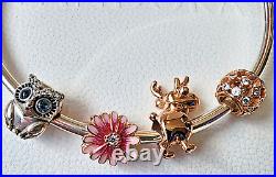 Pandora Heart Bracelet +bead charms Set -Pink Daisy-Owl-Rose Gold Safety chain