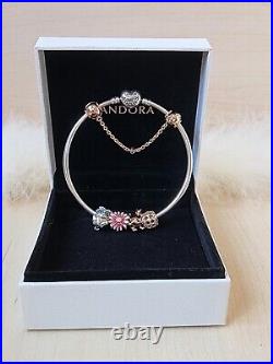 Pandora Heart Bracelet +bead charms Set -Pink Daisy-Owl-Rose Gold Safety chain