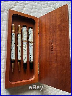 Parker Duofold Centennial Pearl & Black Set, All 4, FP, BP, RB, MP, New In Box