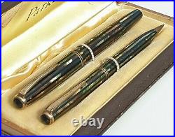 Parker Striped Duofold 1941 Vacumatic Green Black Pearl Set Speedline Restored