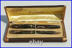 Parker Striped Duofold 1941 Vacumatic Green Black Pearl Set Speedline Restored