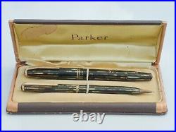 Parker Striped Duofold 1941 Vacumatic Green Black Pearl Set Speedline Restored